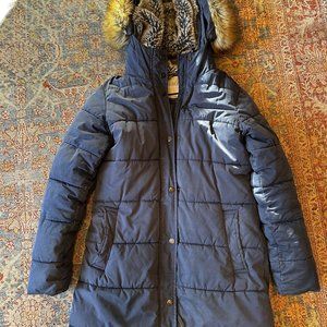 PARKA LONDON BLUE PUFFER COAT, DETACHABLE FAUX FUR, WARM! $4OO RETAIL- XS/S